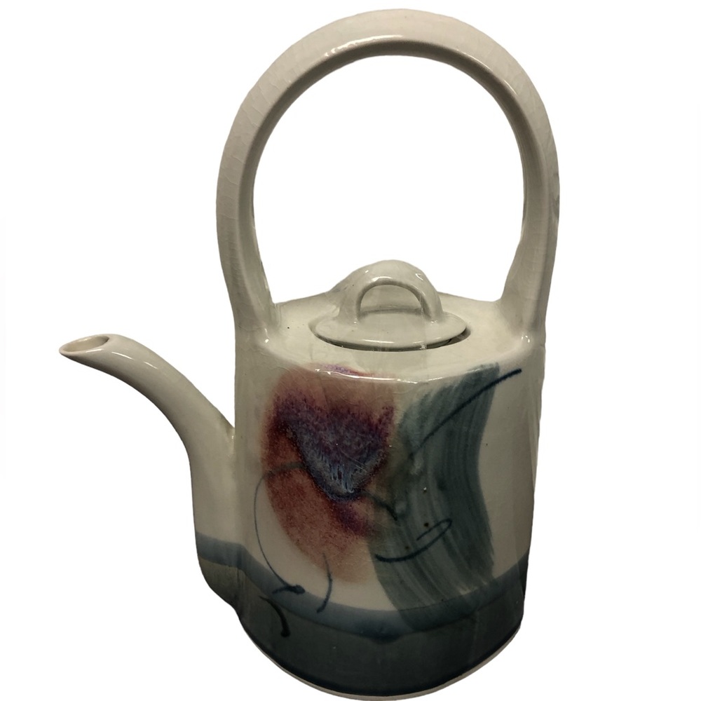 Handpainted hand painted & signed tall 11” tea kettle vintage